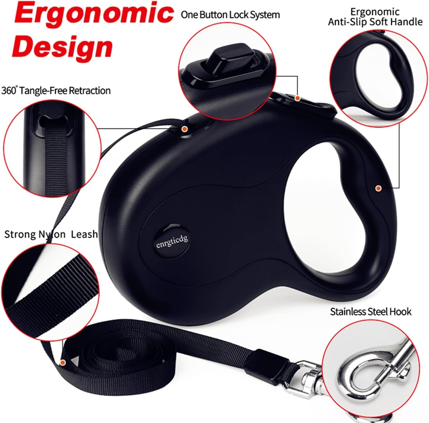 16Ft Retractable Dog Leash,Light Weight Leash for Small to Medium Dogs/Cats up to 50Lbs,Stainless Steel Spring Strong Nylon Tape, Tangle Free, One-Handed Brake. (Charcoal Black)