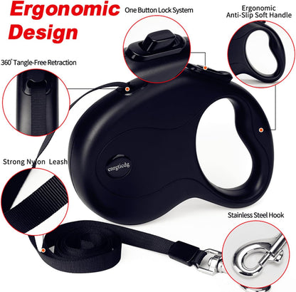 16Ft Retractable Dog Leash,Light Weight Leash for Small to Medium Dogs/Cats up to 50Lbs,Stainless Steel Spring Strong Nylon Tape, Tangle Free, One-Handed Brake. (Charcoal Black)