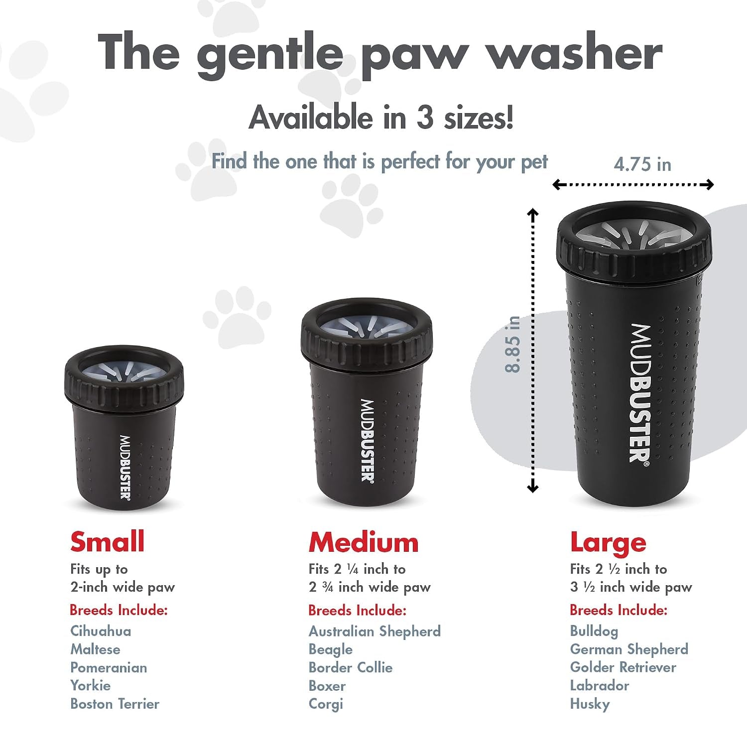 Mudbuster Large Dog Paw Cleaner, Matte Black, Fits 2.5"-3.5" Wide Paws, Gentle Silicone Bristles for Quick, Easy Cleaning