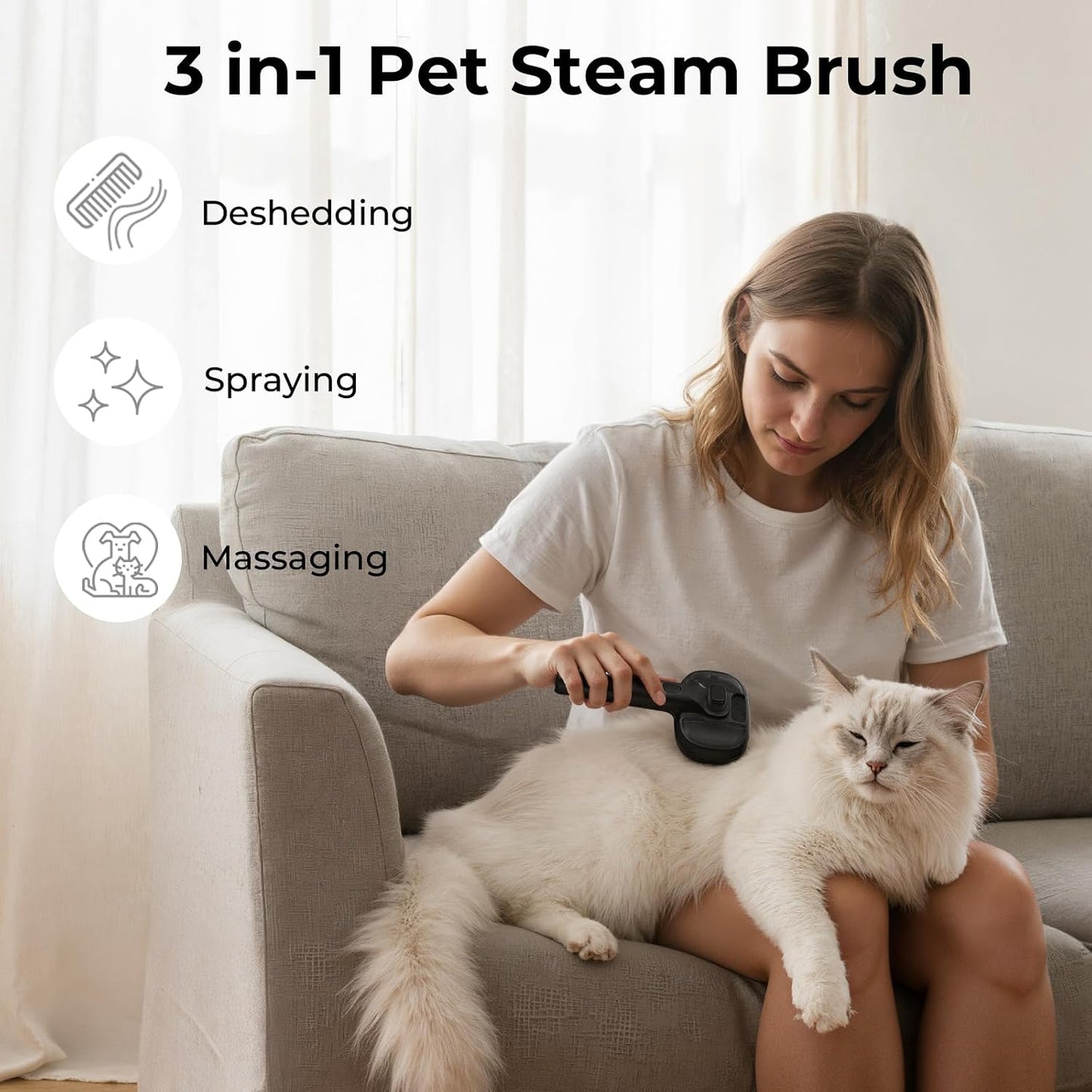 Self-Cleaning Steam Dog Cat Brush for Heavy Shedding/Long Coats | Gentle, Undercoat Removal & Smoothing, Shedding Control, for Water-Anxious Pets, 2 Cool Mist Modes, XL Tank