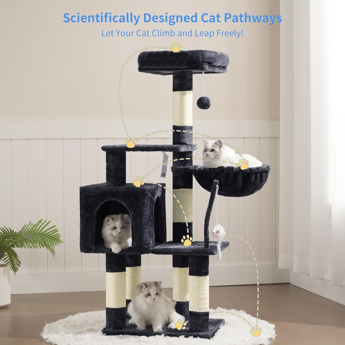 Cat Tree with Toy, 43.3 Inch Cat Tower for Indoor Cats HCT004SG | Cat Condo with Durable Sisal Scratching Posts, Cat House with Padded Plush Perch, Cozy Hammock, Smoky Gray