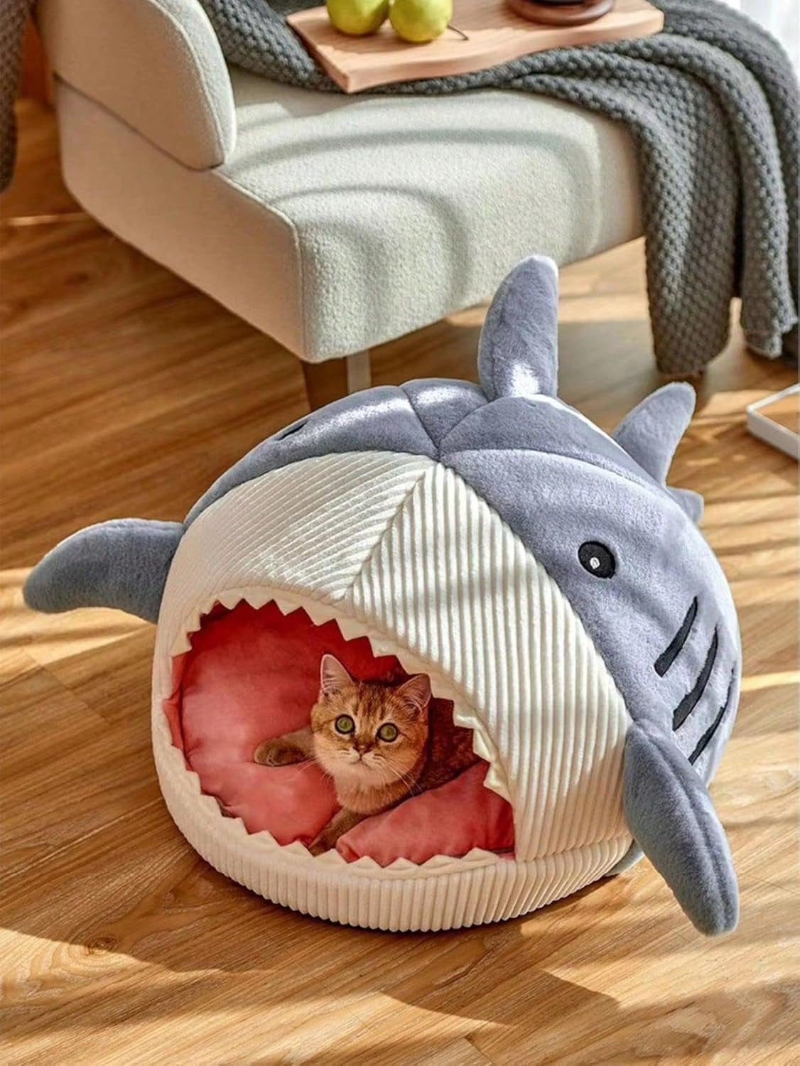 Cat Mat Shark-Shaped Kennel Kitten Bed Hideout House Warm Soft Comfortable Semi-Closed Cat Dog Nest Blue L