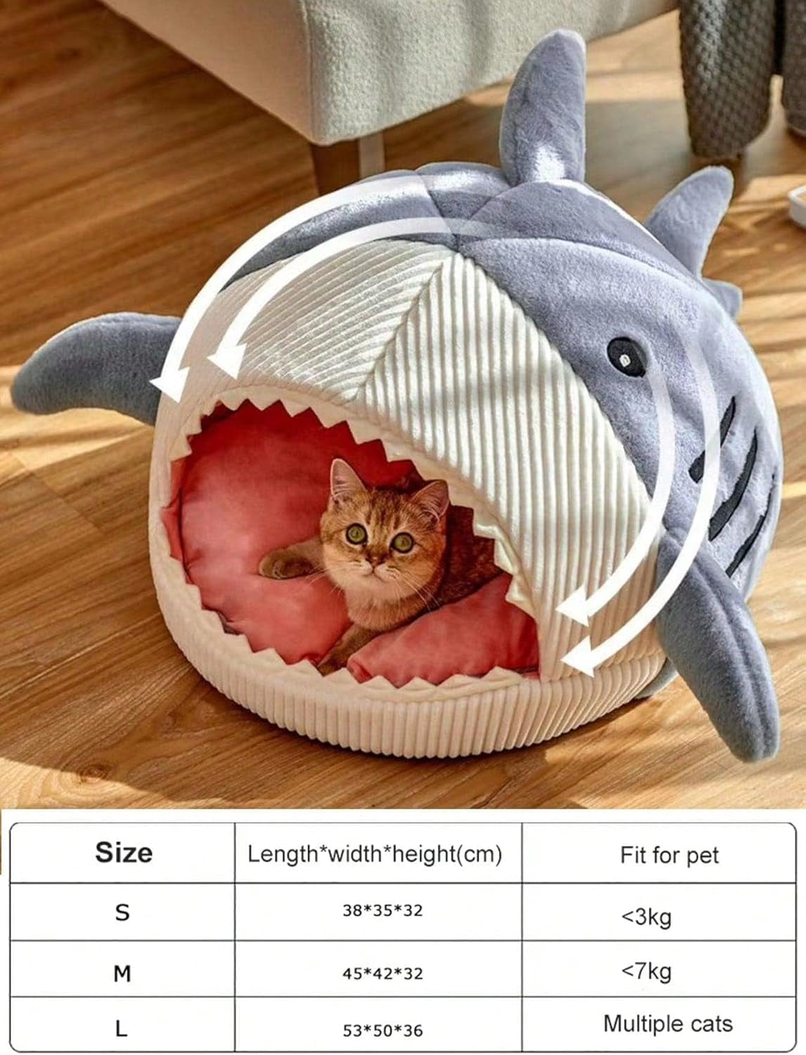 Cat Mat Shark-Shaped Kennel Kitten Bed Hideout House Warm Soft Comfortable Semi-Closed Cat Dog Nest Blue L