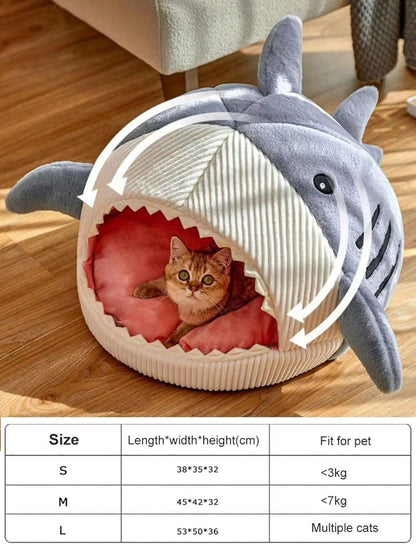 Cat Mat Shark-Shaped Kennel Kitten Bed Hideout House Warm Soft Comfortable Semi-Closed Cat Dog Nest Blue L