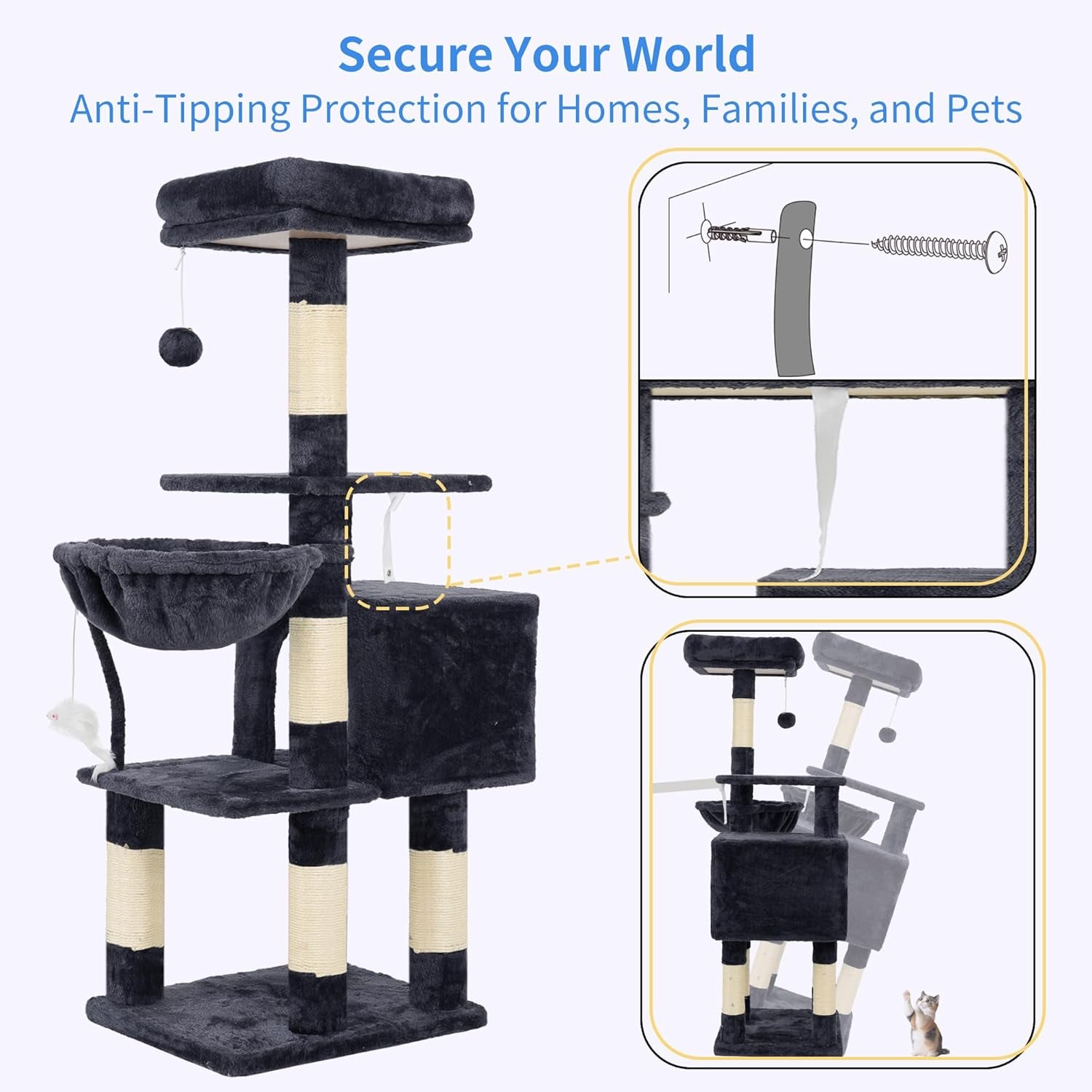 Cat Tree with Toy, 43.3 Inch Cat Tower for Indoor Cats HCT004SG | Cat Condo with Durable Sisal Scratching Posts, Cat House with Padded Plush Perch, Cozy Hammock, Smoky Gray