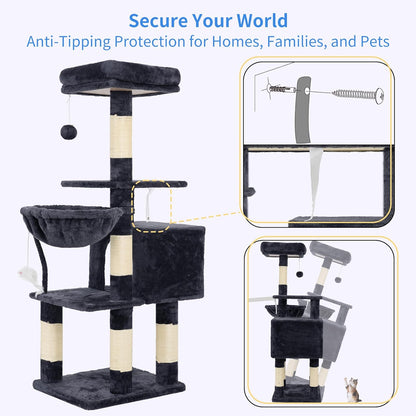 Cat Tree with Toy, 43.3 Inch Cat Tower for Indoor Cats HCT004SG | Cat Condo with Durable Sisal Scratching Posts, Cat House with Padded Plush Perch, Cozy Hammock, Smoky Gray