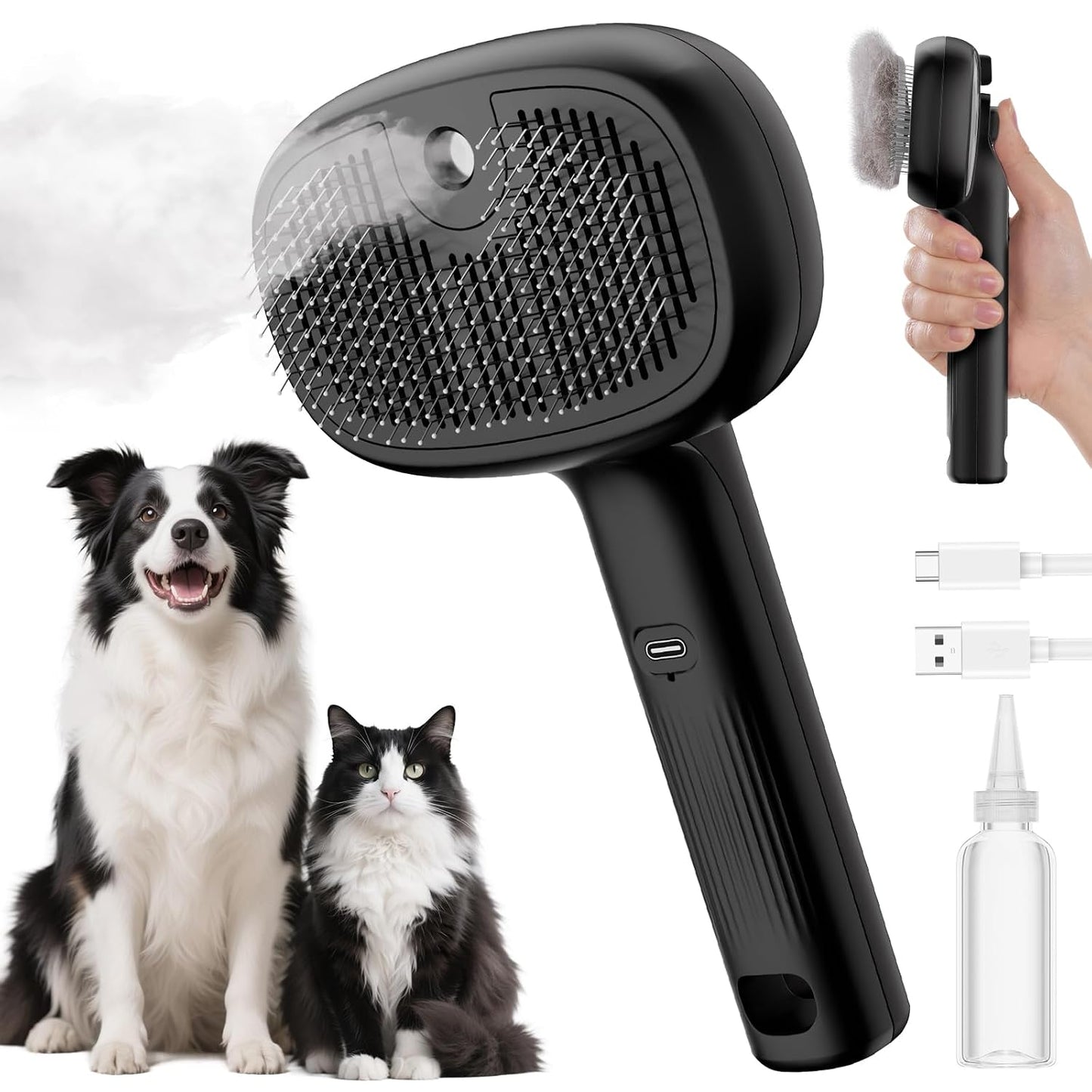 Self-Cleaning Steam Dog Cat Brush for Heavy Shedding/Long Coats | Gentle, Undercoat Removal & Smoothing, Shedding Control, for Water-Anxious Pets, 2 Cool Mist Modes, XL Tank