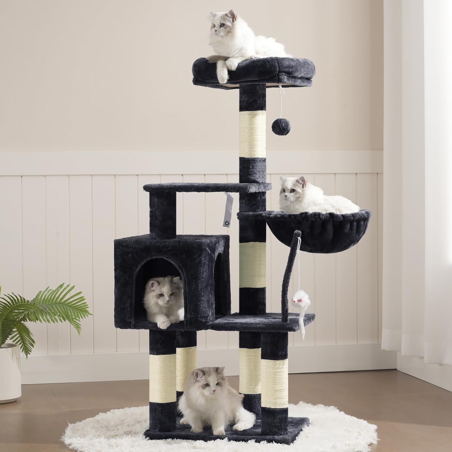 Cat Tree with Toy, 43.3 Inch Cat Tower for Indoor Cats HCT004SG | Cat Condo with Durable Sisal Scratching Posts, Cat House with Padded Plush Perch, Cozy Hammock, Smoky Gray