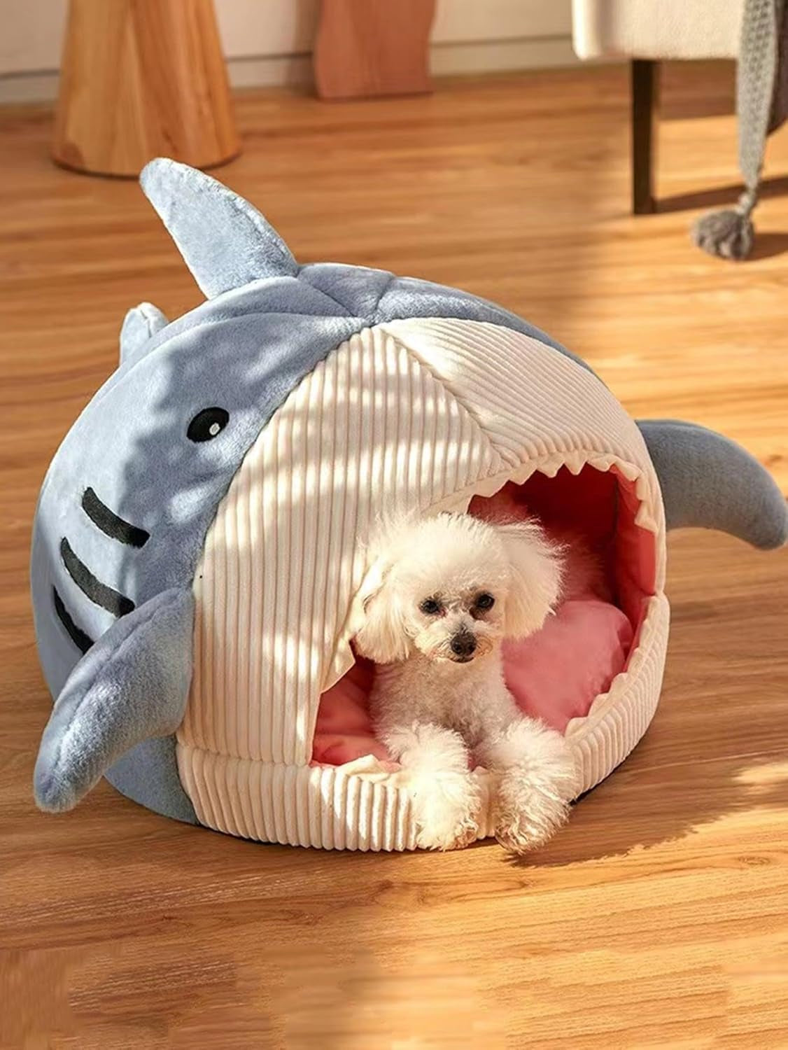 Cat Mat Shark-Shaped Kennel Kitten Bed Hideout House Warm Soft Comfortable Semi-Closed Cat Dog Nest Blue L