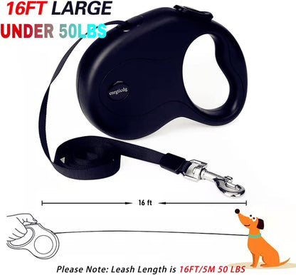 16Ft Retractable Dog Leash,Light Weight Leash for Small to Medium Dogs/Cats up to 50Lbs,Stainless Steel Spring Strong Nylon Tape, Tangle Free, One-Handed Brake. (Charcoal Black)