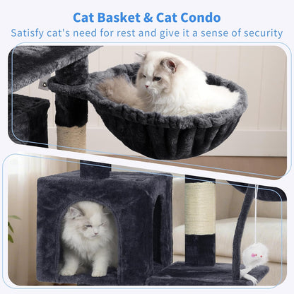 Cat Tree with Toy, 43.3 Inch Cat Tower for Indoor Cats HCT004SG | Cat Condo with Durable Sisal Scratching Posts, Cat House with Padded Plush Perch, Cozy Hammock, Smoky Gray