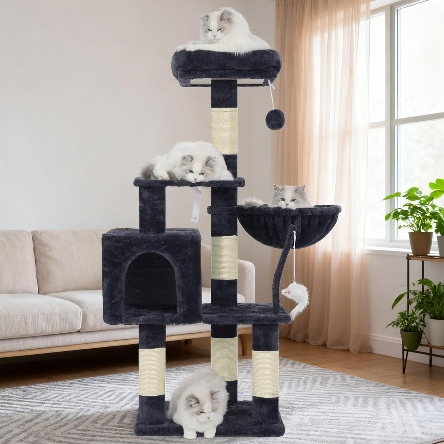 Cat Tree with Toy, 43.3 Inch Cat Tower for Indoor Cats HCT004SG | Cat Condo with Durable Sisal Scratching Posts, Cat House with Padded Plush Perch, Cozy Hammock, Smoky Gray